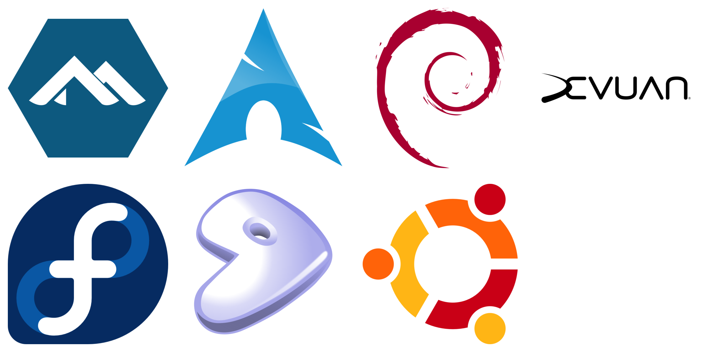 The logos of a number of different linux distributions.